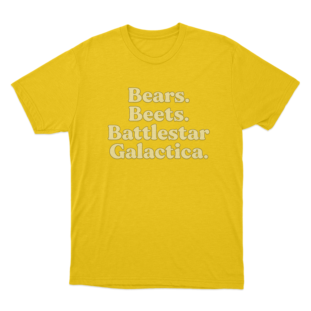 The Office Bears. Beets. Battlestar Galactica. Unisex T Shirt Yellow The Office Bears. Beets. Battlestar Galactica. Unisex T Shirt Yellow